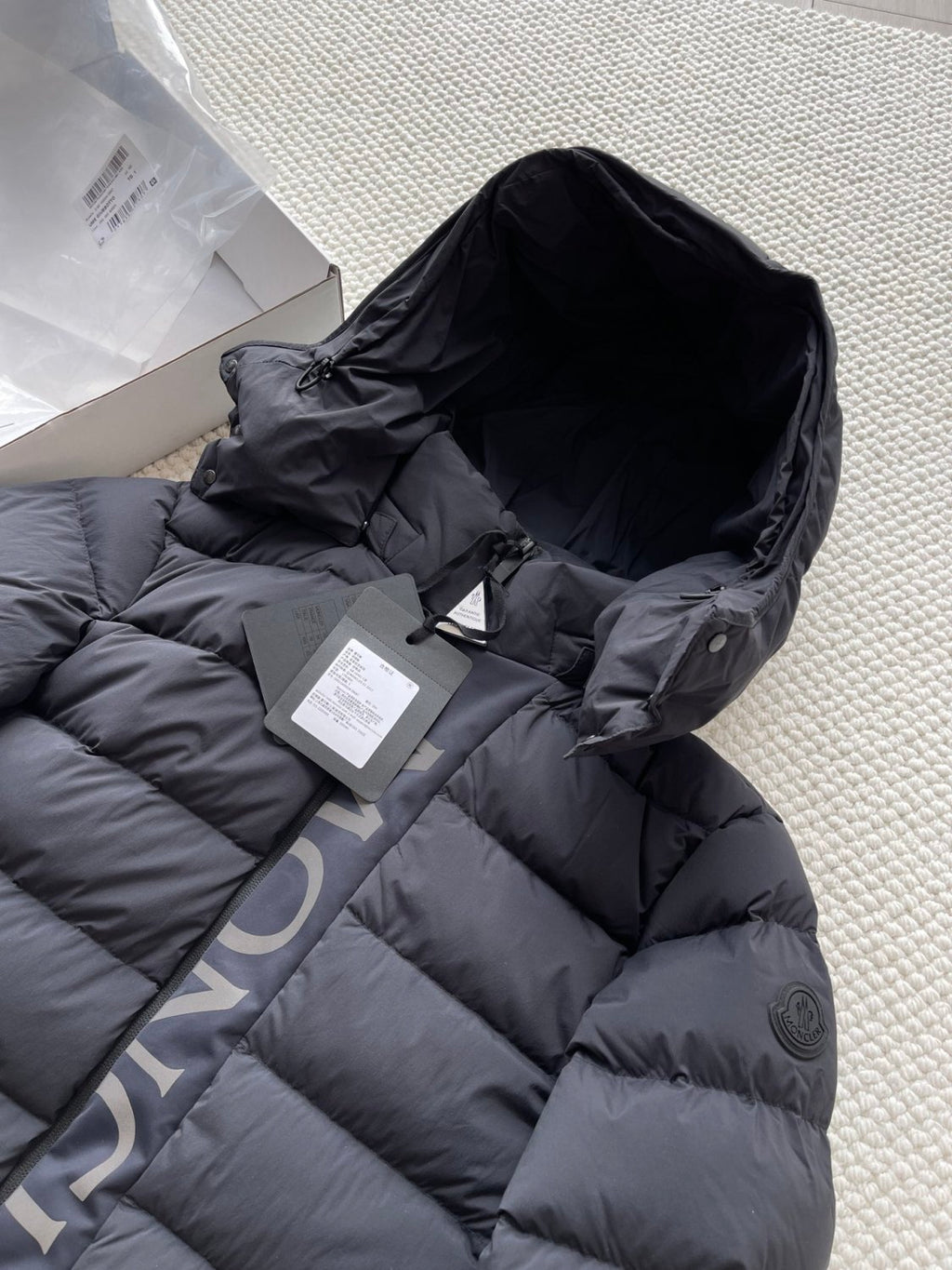 Moncler Men's Winter Black Letters Logo Print Zipper Hooded Short Puffer Down Long Sleeve Jacket #73745