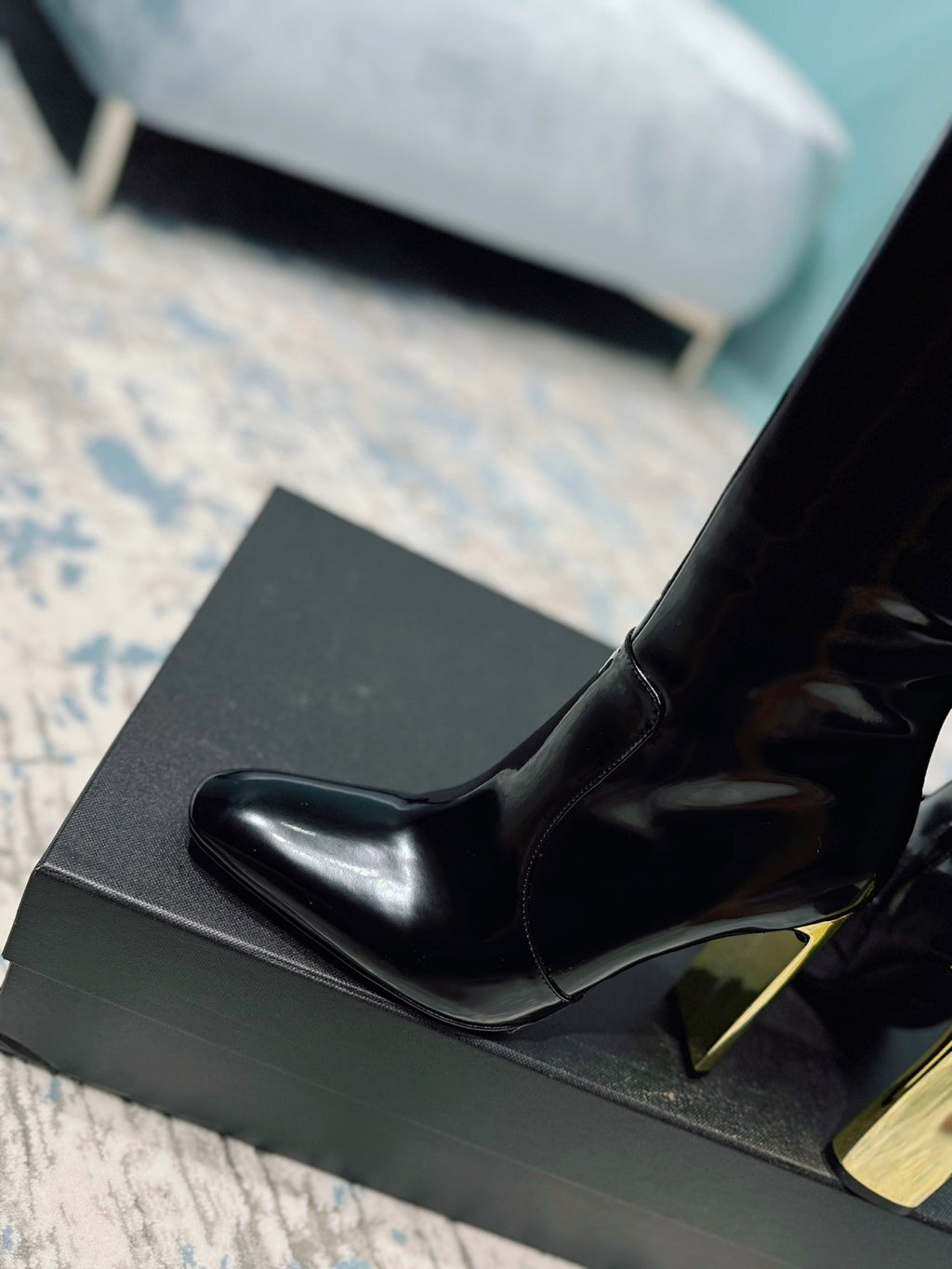 Saint Laurent Women's Autumn/Winter Leather Square Toe High Boots Solid Color Zipper Retro Chunky Heel High Heels Heel Height 11cm #81491