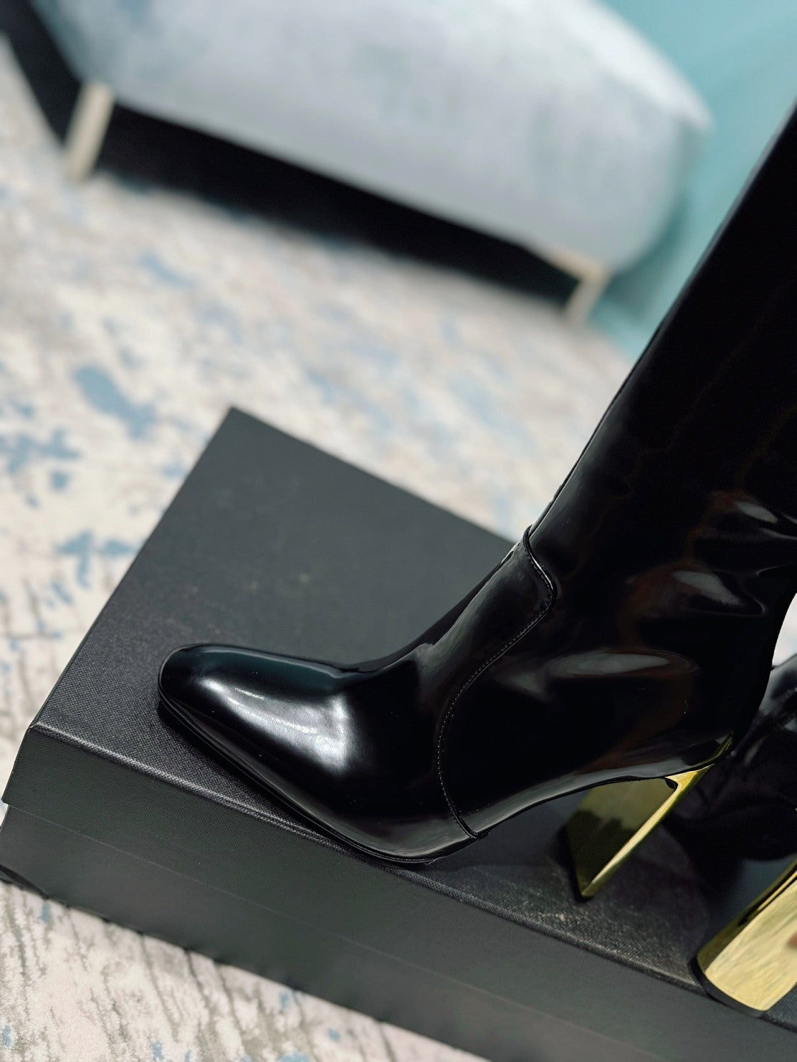 Saint Laurent Women's Autumn/Winter Leather Square Toe High Boots Solid Color Zipper Retro Chunky Heel High Heels Heel Height 11cm #81491