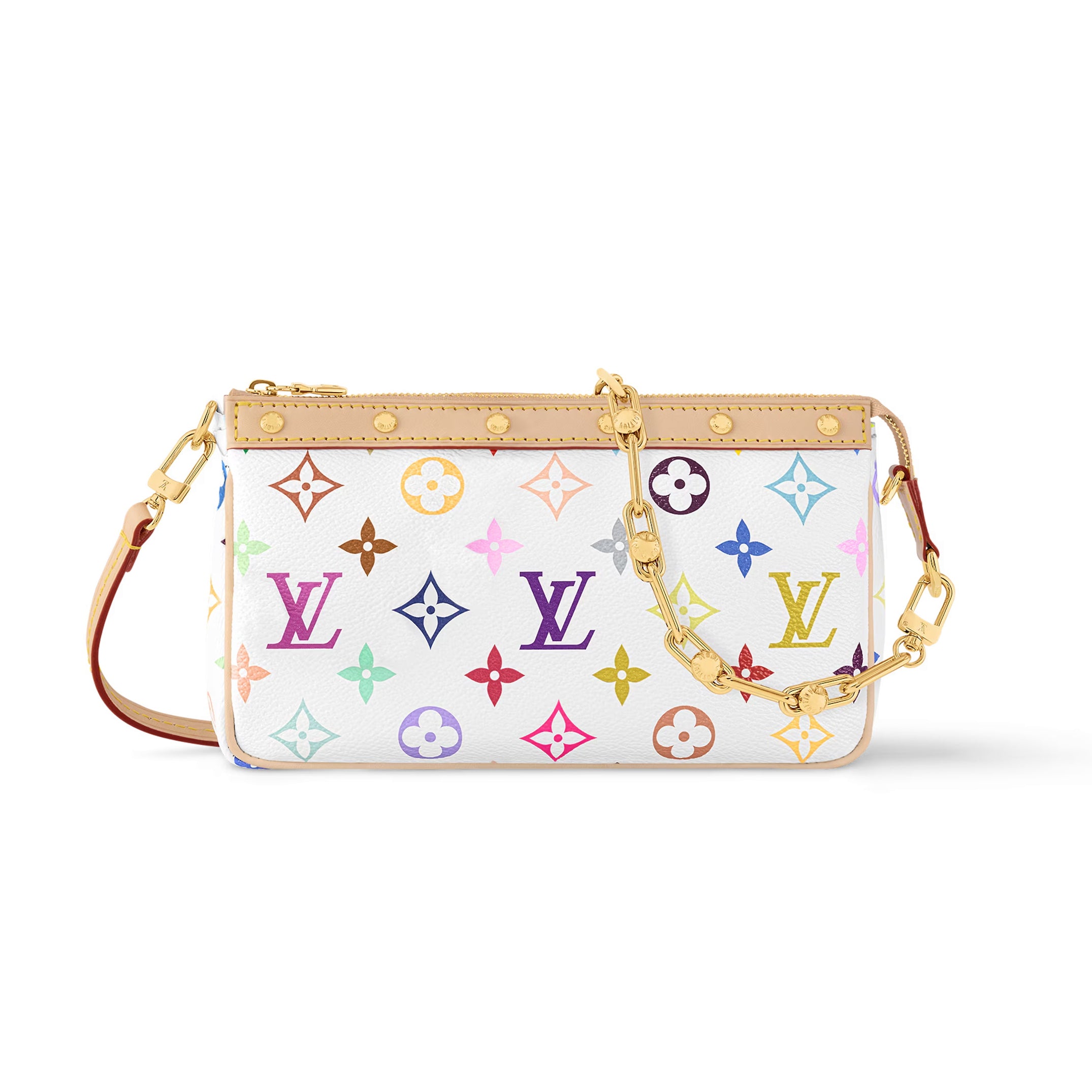 Louis Vuitton Pochette Accessoires Women's Detachable Chain Colorful Printed Zipper Closure Coated Canvas Single Shoulder Slanting Clutch Bag Bags #75243