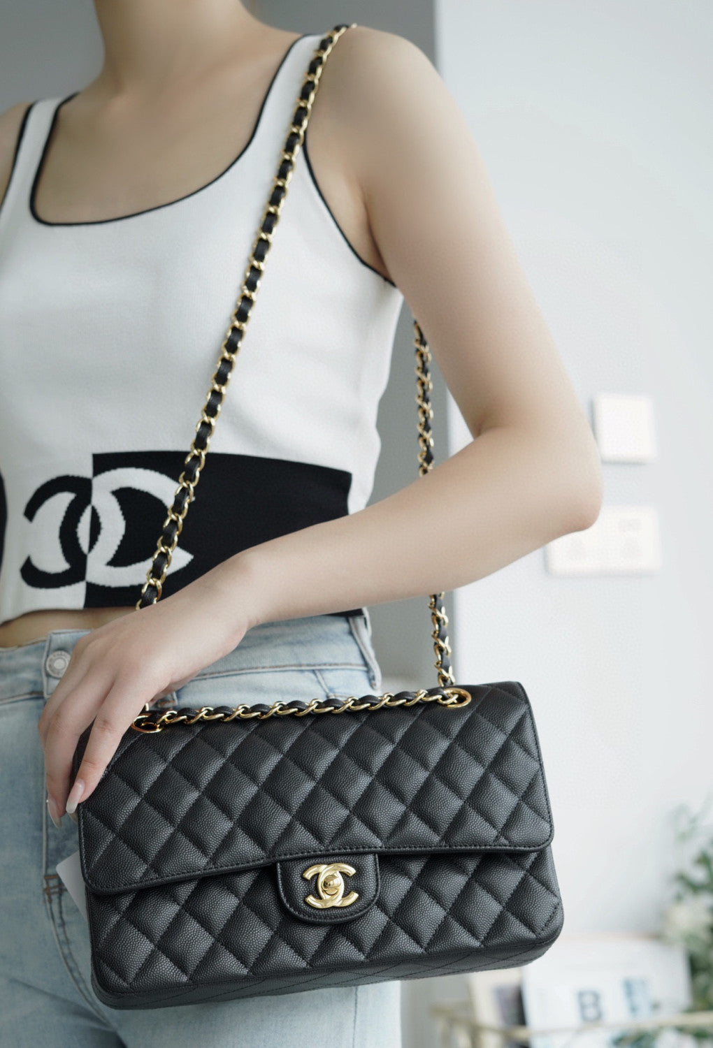 Chanel Women Classic Flap Solid Color Particle Embossed Calfskin Chain Bag Mouth Cover Bag Casual Shoulder Bags CF #71675