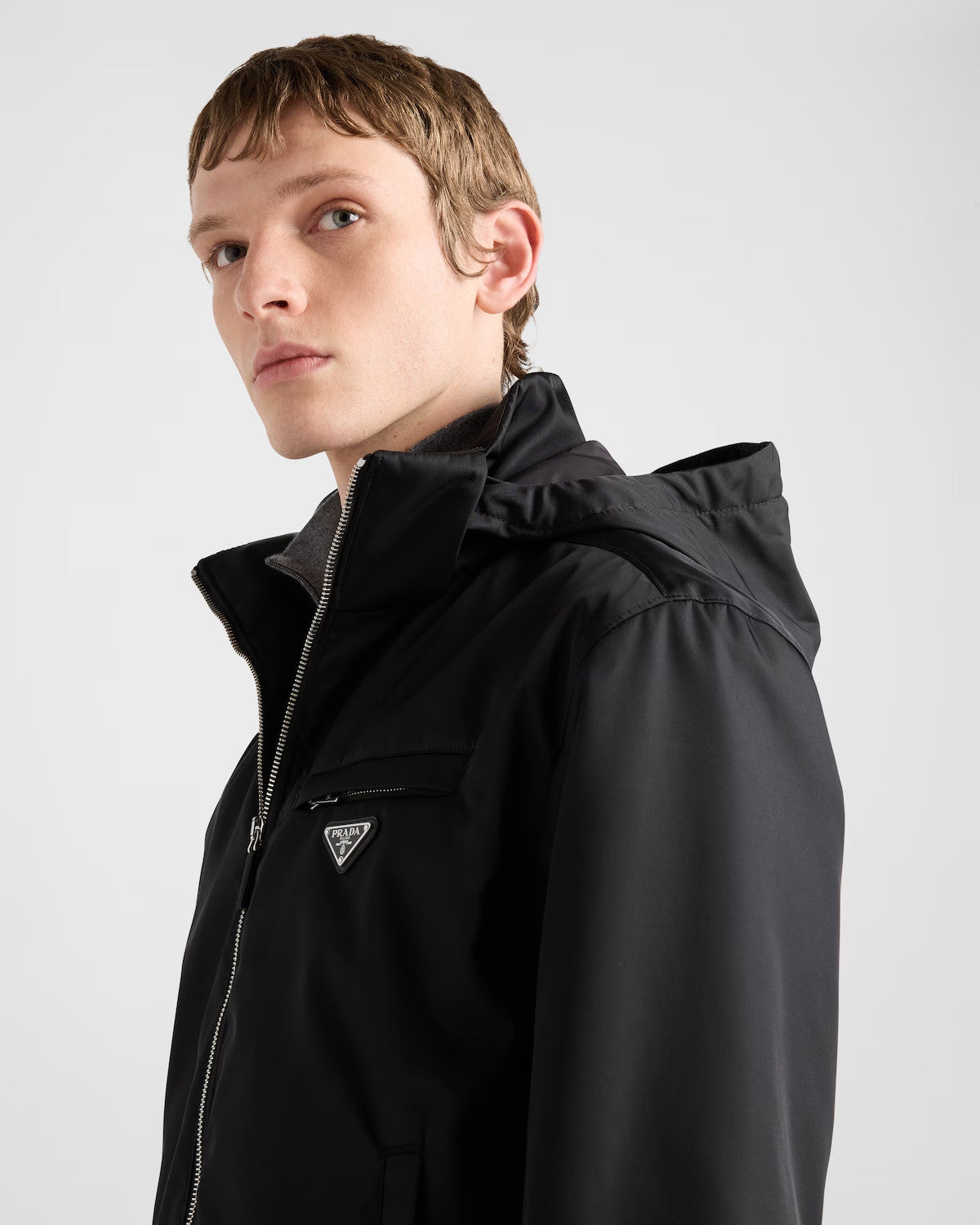 Prada Men's Fall And Winter Recycled Nylon Short Jacket Black Hooded Zipper Jacket Logo Pockets Fashion Trend Casual Jacket #81397