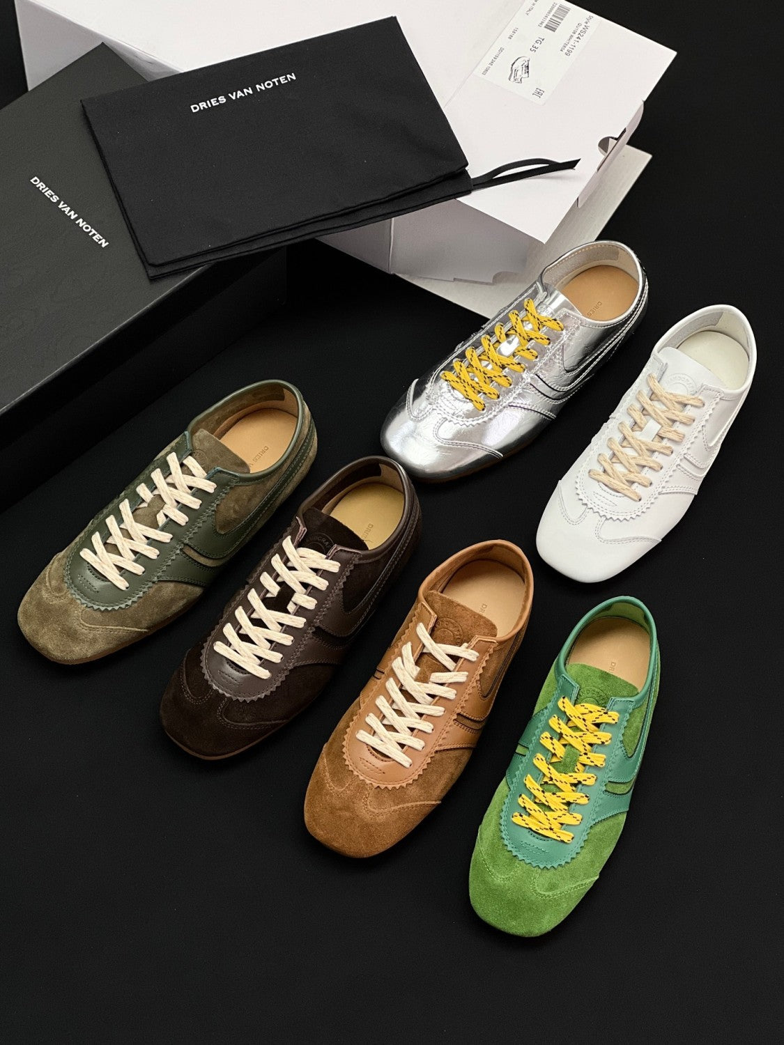 Dries Van Noten Women's Marathon Retro Training Shoes Four Seasons Solid Color Round Toe Lace-up Low-top Leather Casual Shoes #81462