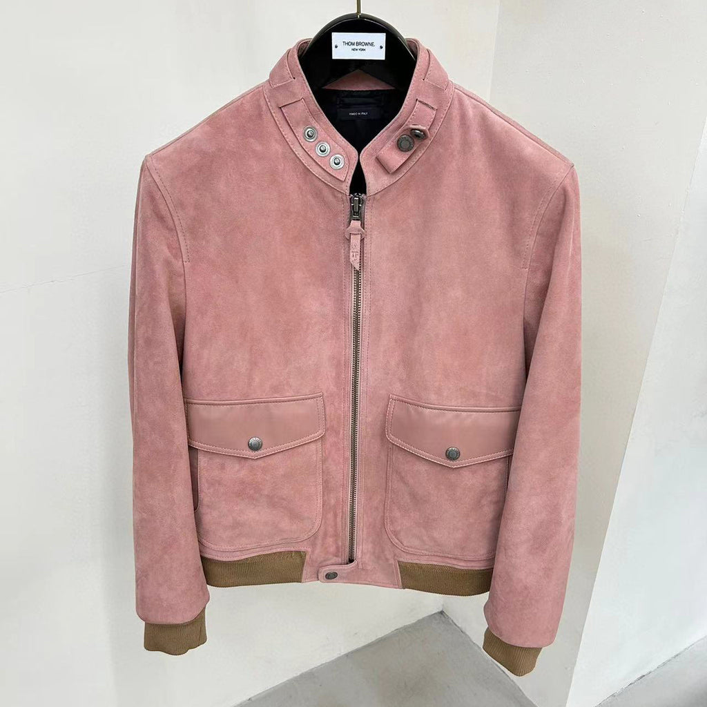 Tom Ford Men And Women With The Same Models Of Fall And Winter Color Collision Collar Loose Lambskin Leather Jacket #98481