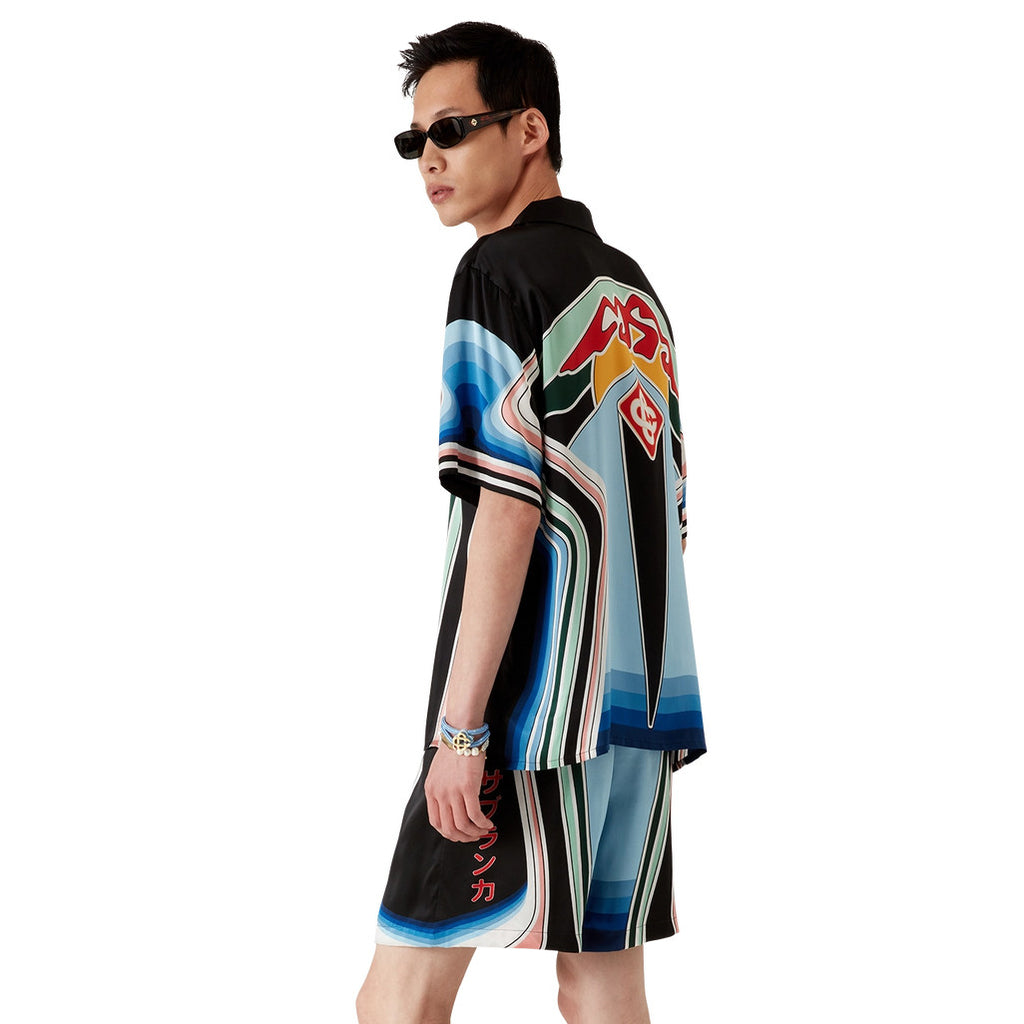 Casablanca Men's Summer Fashion Casual Crew Neck Geometric Mountain Pattern Silk Short-Sleeve T-Shirt Elastic Drawstring Mountain Pattern Silk Shorts Suit Set #78591