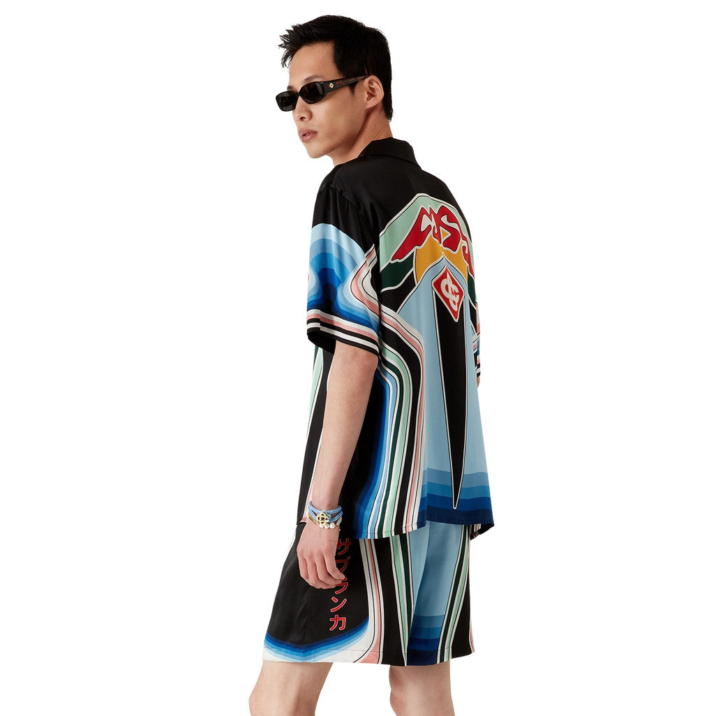 Casablanca Men's Summer Fashion Casual Crew Neck Geometric Mountain Pattern Silk Short-Sleeve T-Shirt Elastic Drawstring Mountain Pattern Silk Shorts Suit Set #78591