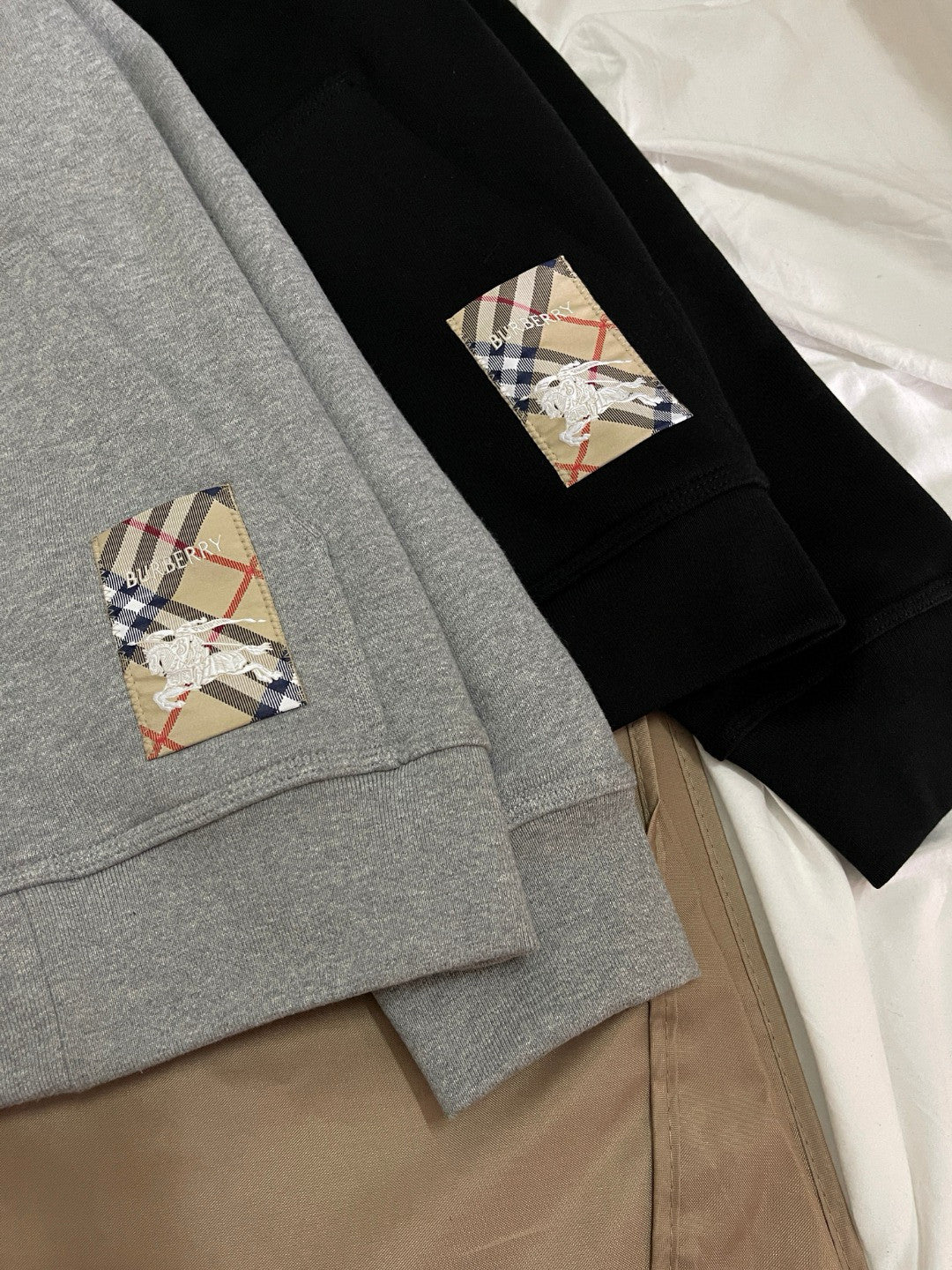 Burberry Men's Spring and Autumn Plaid Label Cotton Zipper Hooded Long Sleeve Sweatshirt Jacket Casual Elastic Waist Pants Set Suit #75593