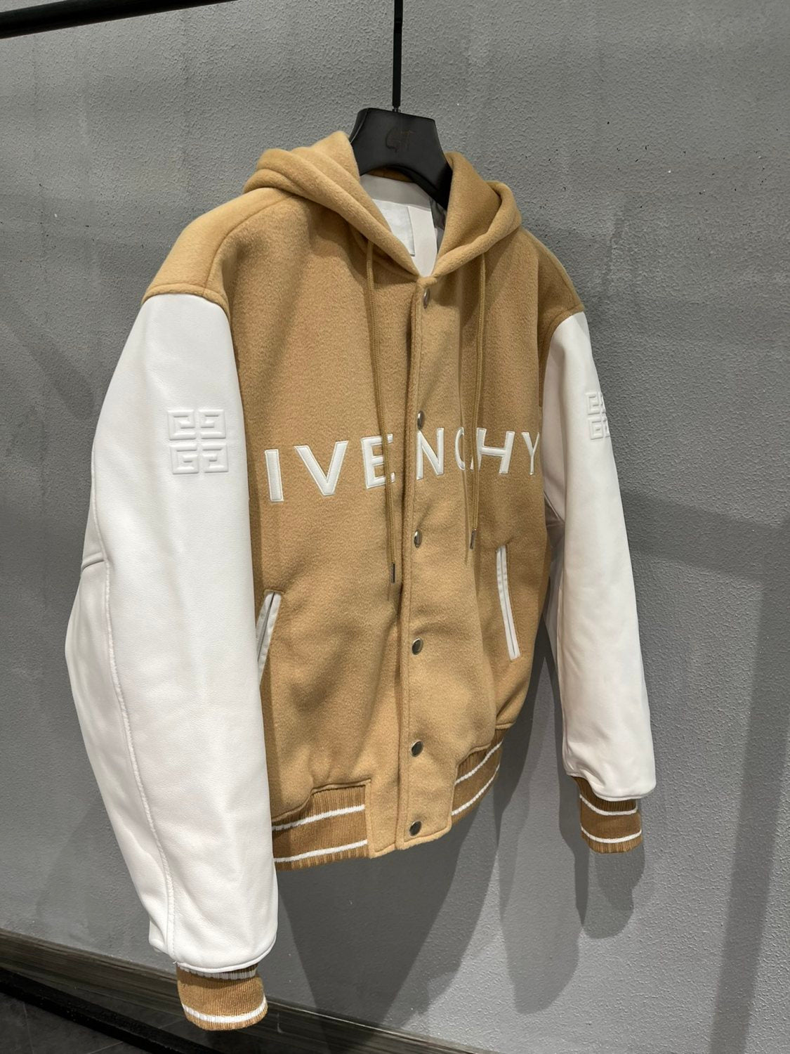 Givenchy Men's Autumn and Winter Color Blocking Single Breasted Wool and Leather Hooded Jacket #98878