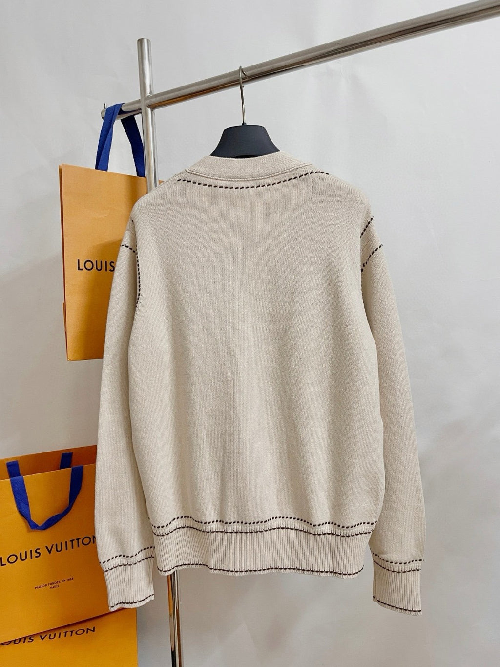 Louis Vuitton Men's Spring & Autumn Cream Logo Letter Applique Single Breasted V-Neck Long Sleeve Knit Shirt #72477