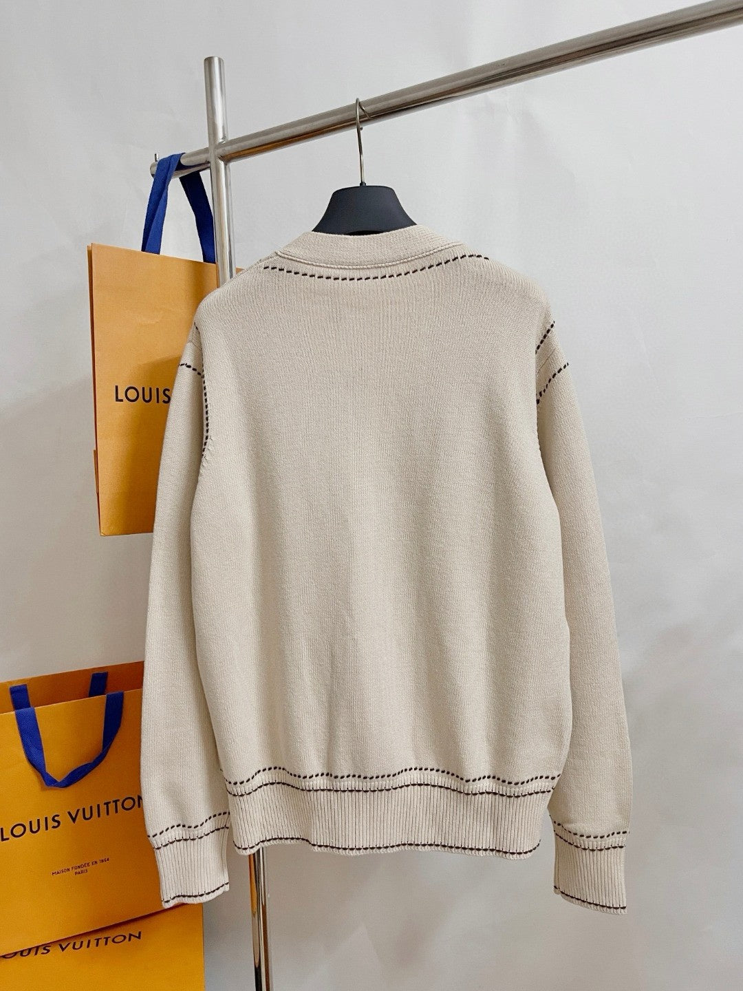 Louis Vuitton Men's Spring & Autumn Cream Logo Letter Applique Single Breasted V-Neck Long Sleeve Knit Shirt #72477