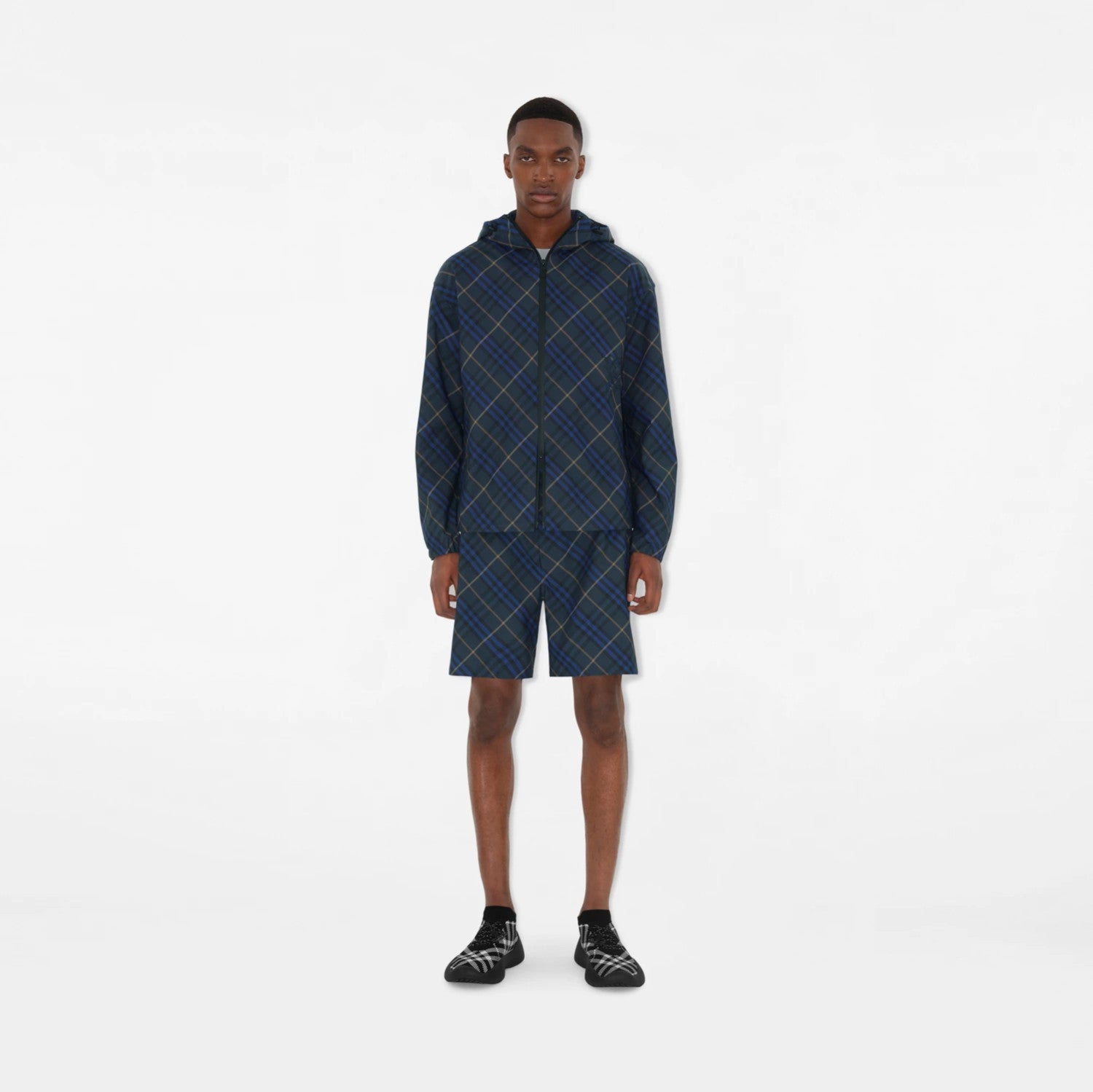Burberry Men's Spring and Autumn Check Twill Jacket Shorts Set Equestrian Rider Logo Applique Fashion High Street Trend Hooded Jacket Drawstring Shorts Set Suit #81226