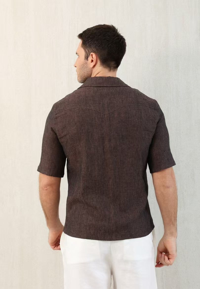 Brunello Cucinelli Men's Linen Loose Summer Single-Breasted Solid Color Lapel Short Sleeve Shirt Ngvp #1454