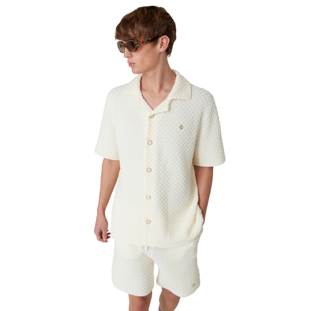 Casablanca Men's Summer Solid Color Single Breasted Knit Short Sleeve Shirt Lace Up Casual Shorts Set Suit #75965