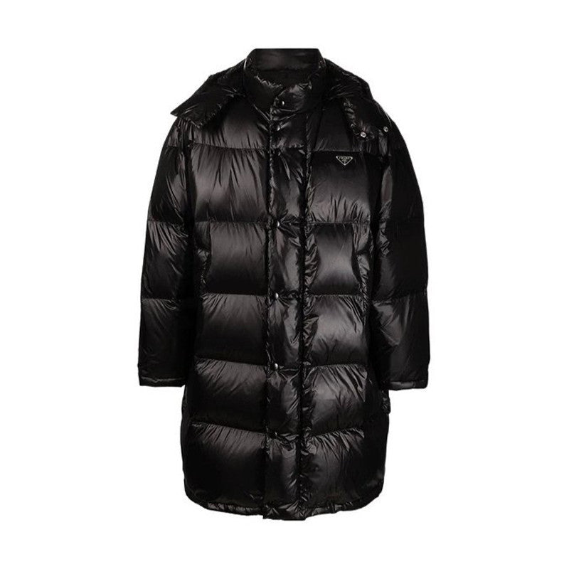Prada Men's And Women's Autumn And Winter Solid Color Quilted Fluffy Medium Length Hooded Puffer Down Jacket #74389