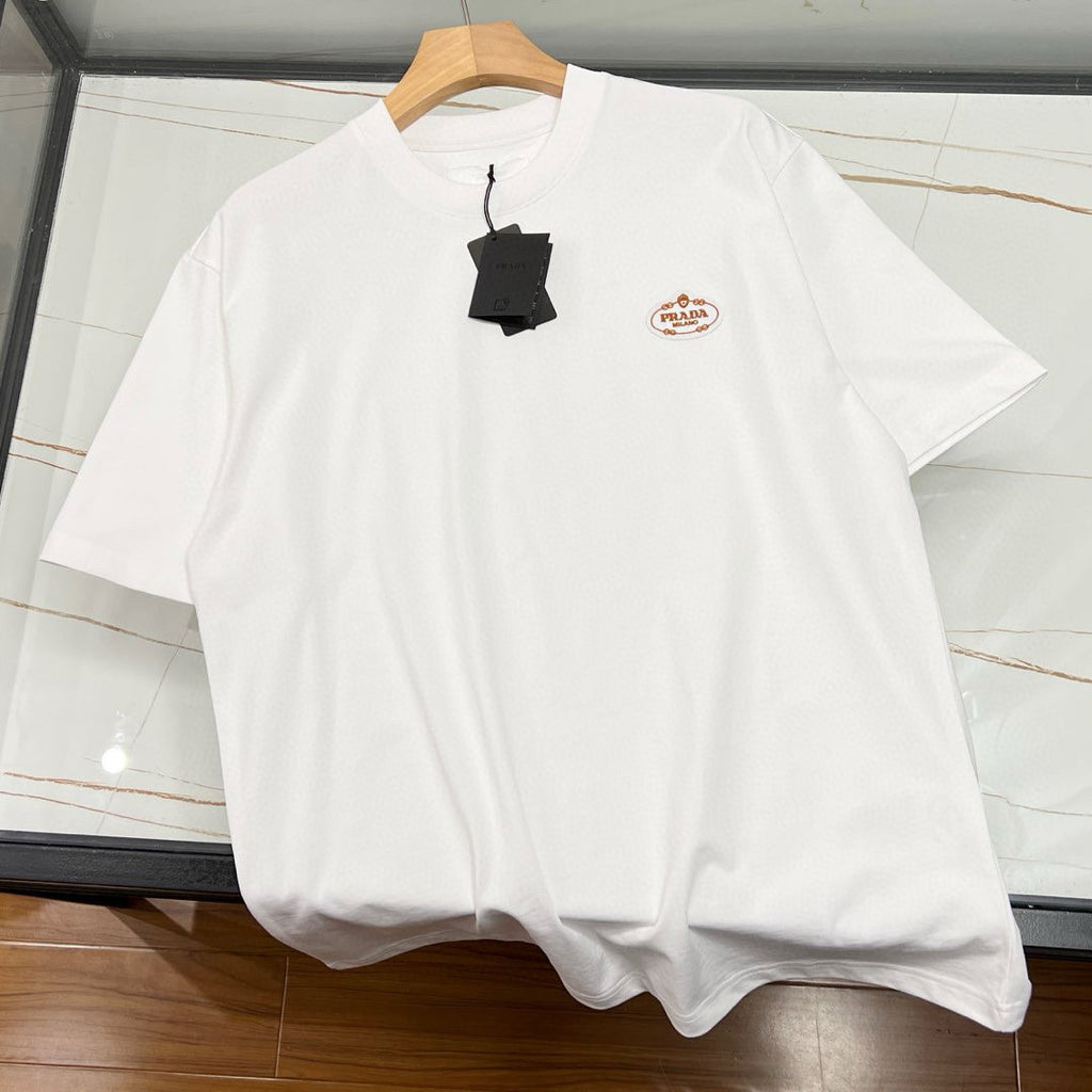 Prada Men's Summer Embroidered Logo Solid Color Round Neck Cotton Short Sleeve T-Shirt #74884