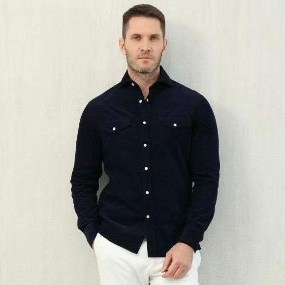 Brunello Cucinelli Men's Spring And Fall Cotton Lapel Solid Color Single-Breasted Chest Pocket Long Sleeve Fitted Shirt Ngvp #1557