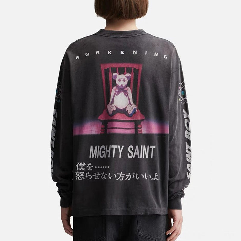 Saint Michael Men's Spring. Autumn And Winter High Street Letter Printed Round Neck Cotton Loose Pullover Long Sleeve Black Sweatshirt Ngvp #9471