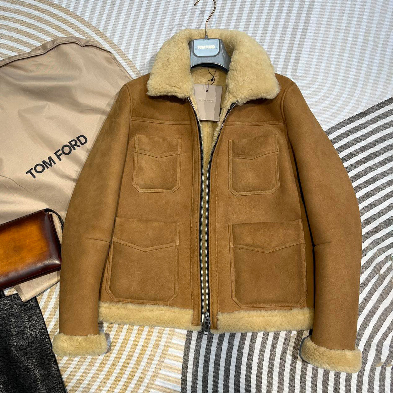 Tom Ford Men's and Women's  Winter Fashion Casual Lapel Zipper Classic Four-Pocket Leather and Fleece Hybrid Jacket #78814