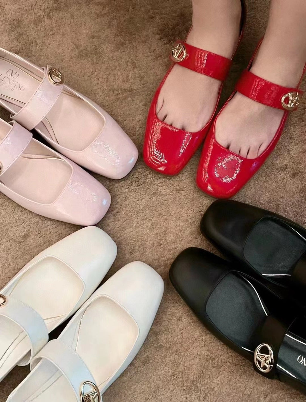 Valentino Women's Spring/Fall Fashion Classic Minimalist Elegant Solid Color Leather Flat Low Top Mary Jane Ballet Flats Shoes #79529