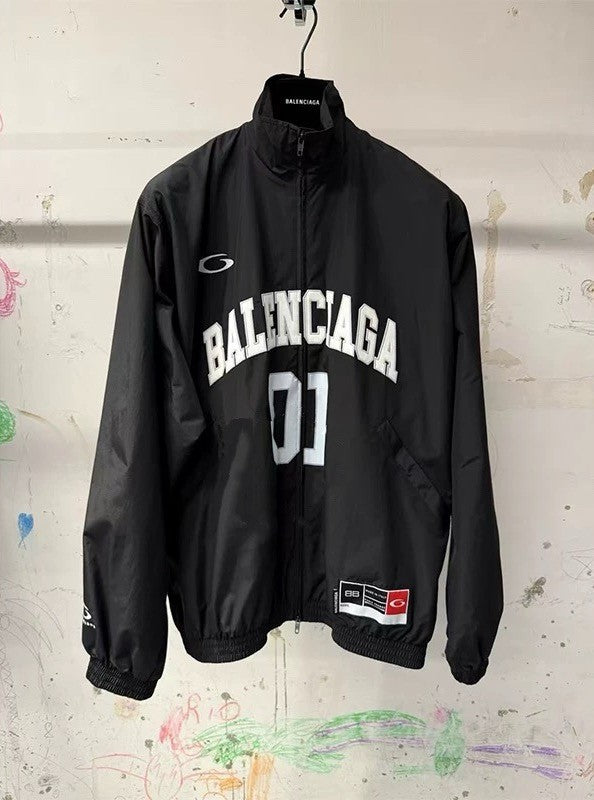 Balenciaga Basketball Series Men's Spring And Fall Black Technology Poplin Sports Zipper Long Sleeved Jacket #75789