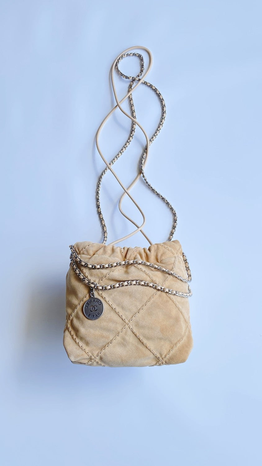Chanel Suede Rivet Style 22 Bag Mini Antique Silver Buckle Italian Bonaudo Suede Calfskin Apricot Silver Buckle Women's Luxury Chain-strap Tote Bag Bags #81448