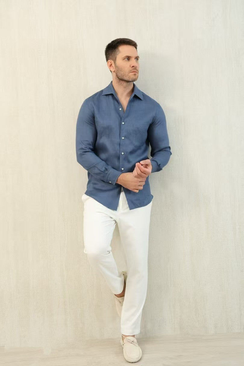 Loro Piana Men's Spring And Summer Solid Color André Shirt Lapel Single-breasted Linen Shirt Ngvp #7962