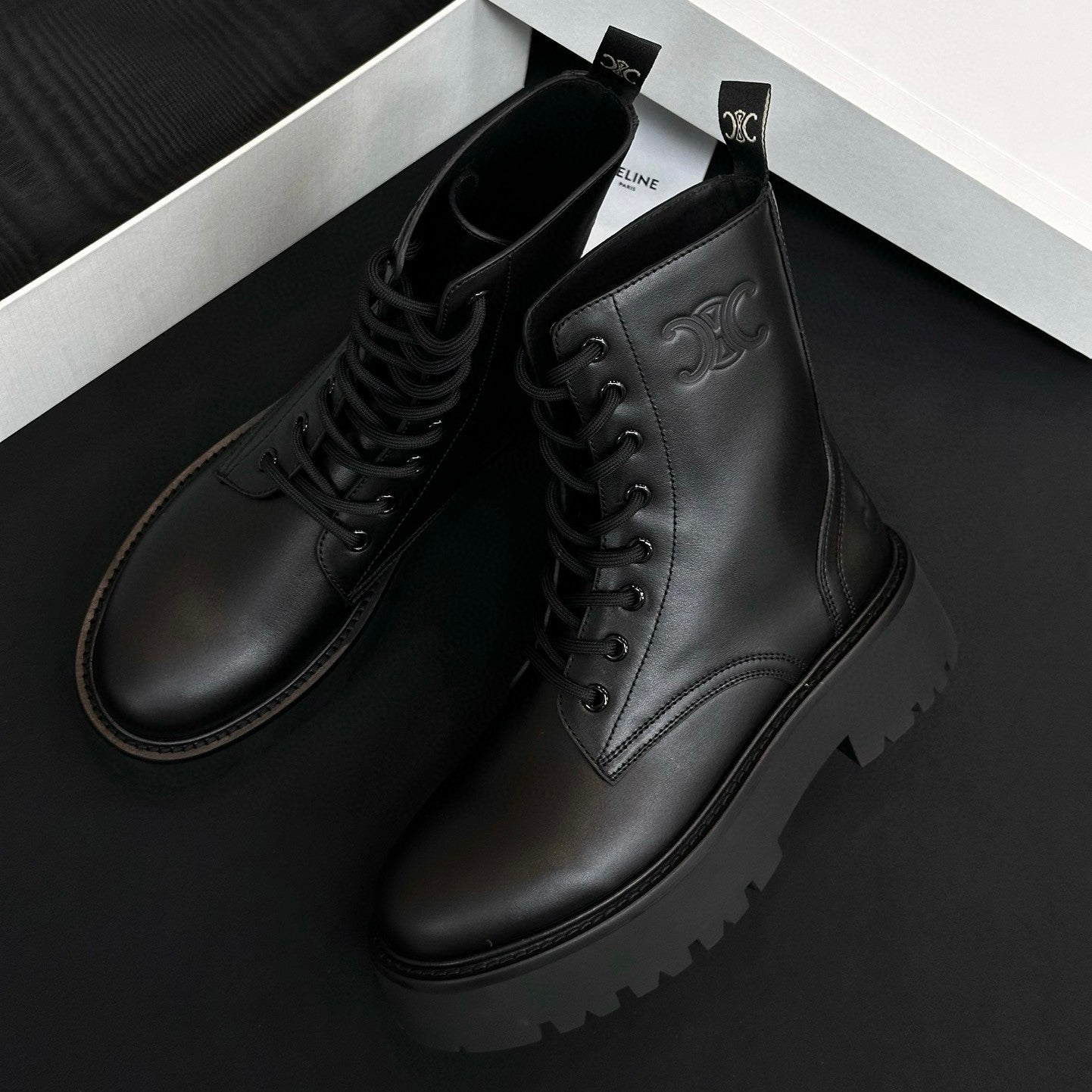 Celine Women's Spring/Fall Fashion Classic Nylon Glossy Leather Lace Up Thick Sole Martin Boots Short Boots Shoes #78277