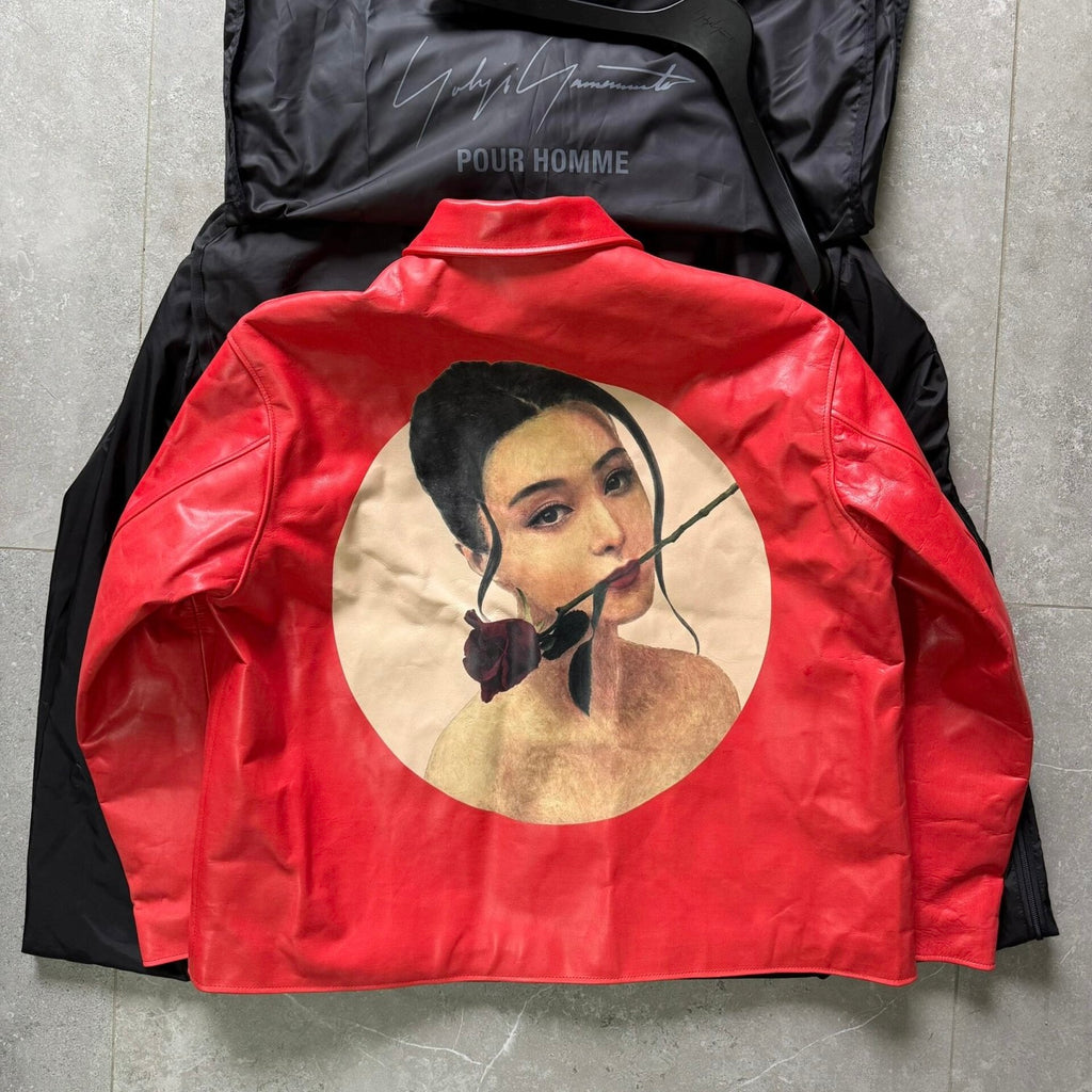 Yohji Yamamoto Pour Homme X Fan Bingbing Portrait Leather Jacket Men's Women's Autumn/winter Fashion Red Lapel Leather Zip Jacket Ngvp #9866