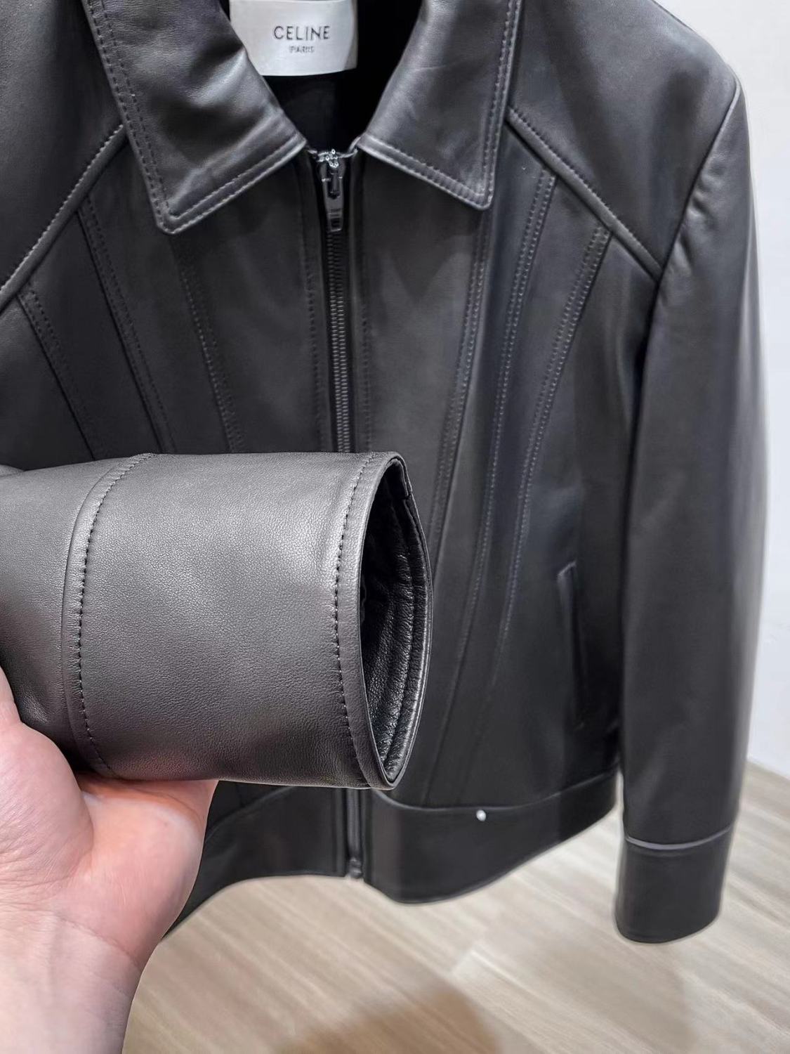 Celine Men's Fall And Winter Black Lapel Zipper Casual Lambskin Long Sleeve Jacket #98469