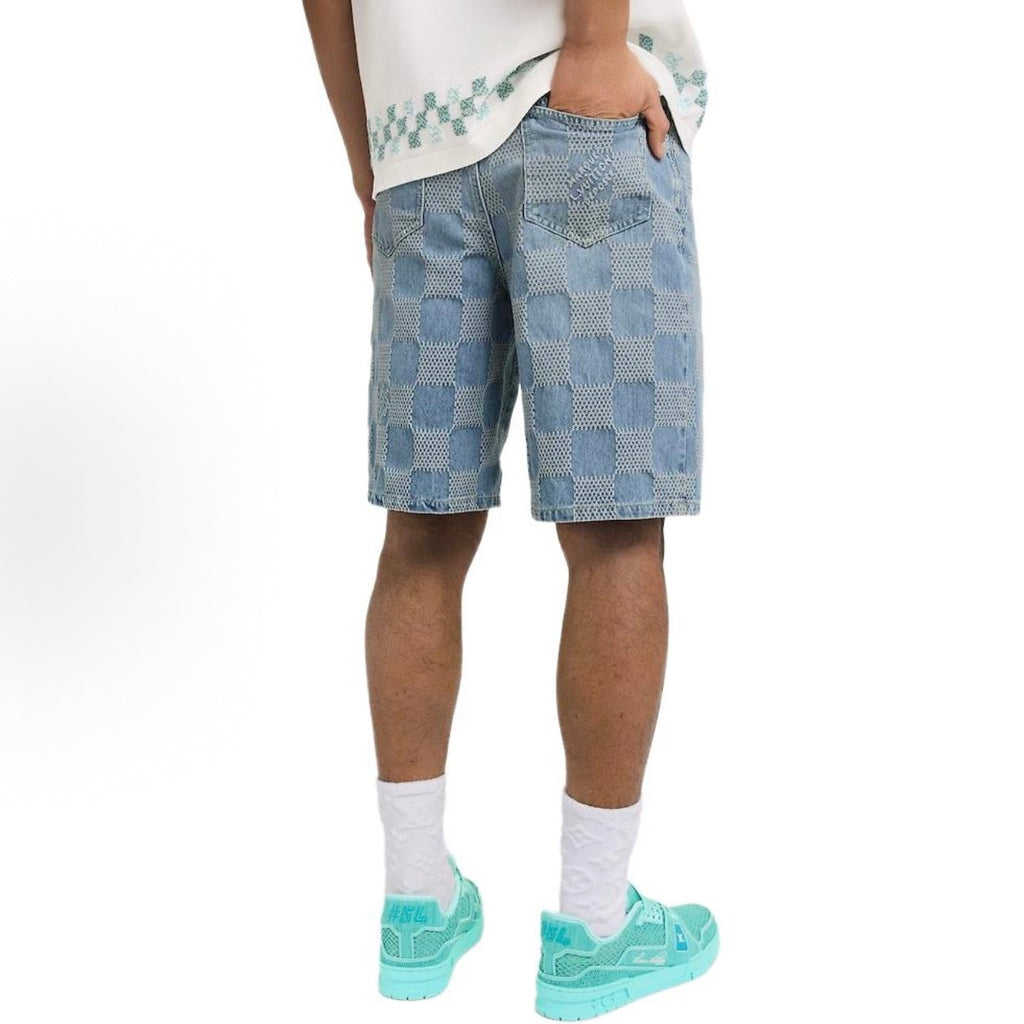 Louis Vuitton Men's Summer Solid Colour Checkerboard 3D Print Casual Denim Shorts #76864