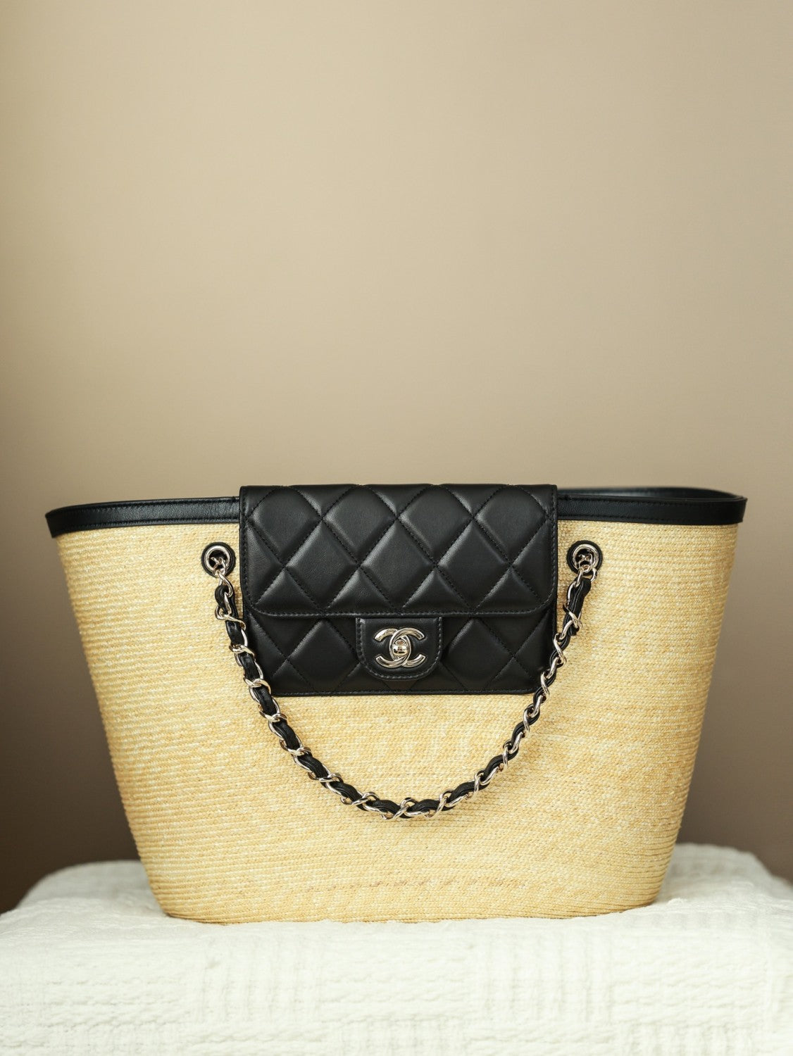 Chanel Large Shopping Bag Braided Straw Lambskin Gold-tone Metal #381455