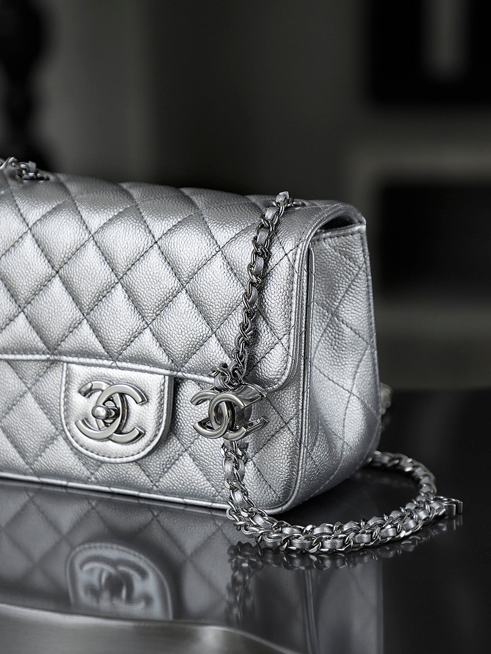 Chanel Classic Flap CF Lambskin Chain Bag Shoulder Bag Women's Silver #334148