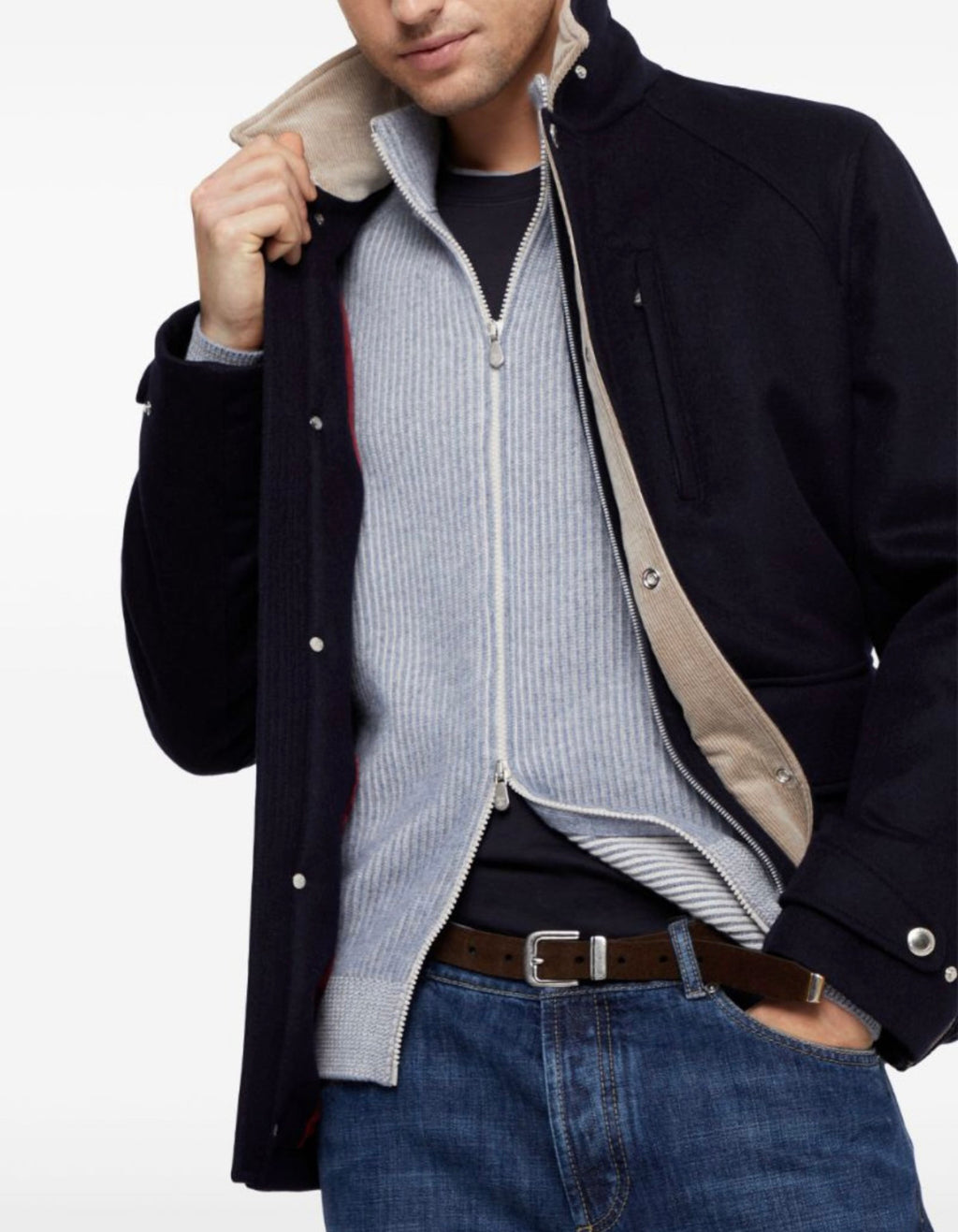 Brunello Cucinelli Men's Fall/Winter Fashion Show Reversible Collar Zipper Hunting Style Vintage Business Casual Wool Twill Coat Jacket #79494