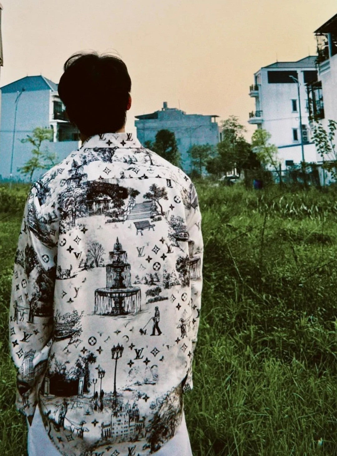 Louis Vuitton Men's Spring. Summer And Fall Logo Full Print Lapel Solid Color Long Sleeve Silk Shirt #71833