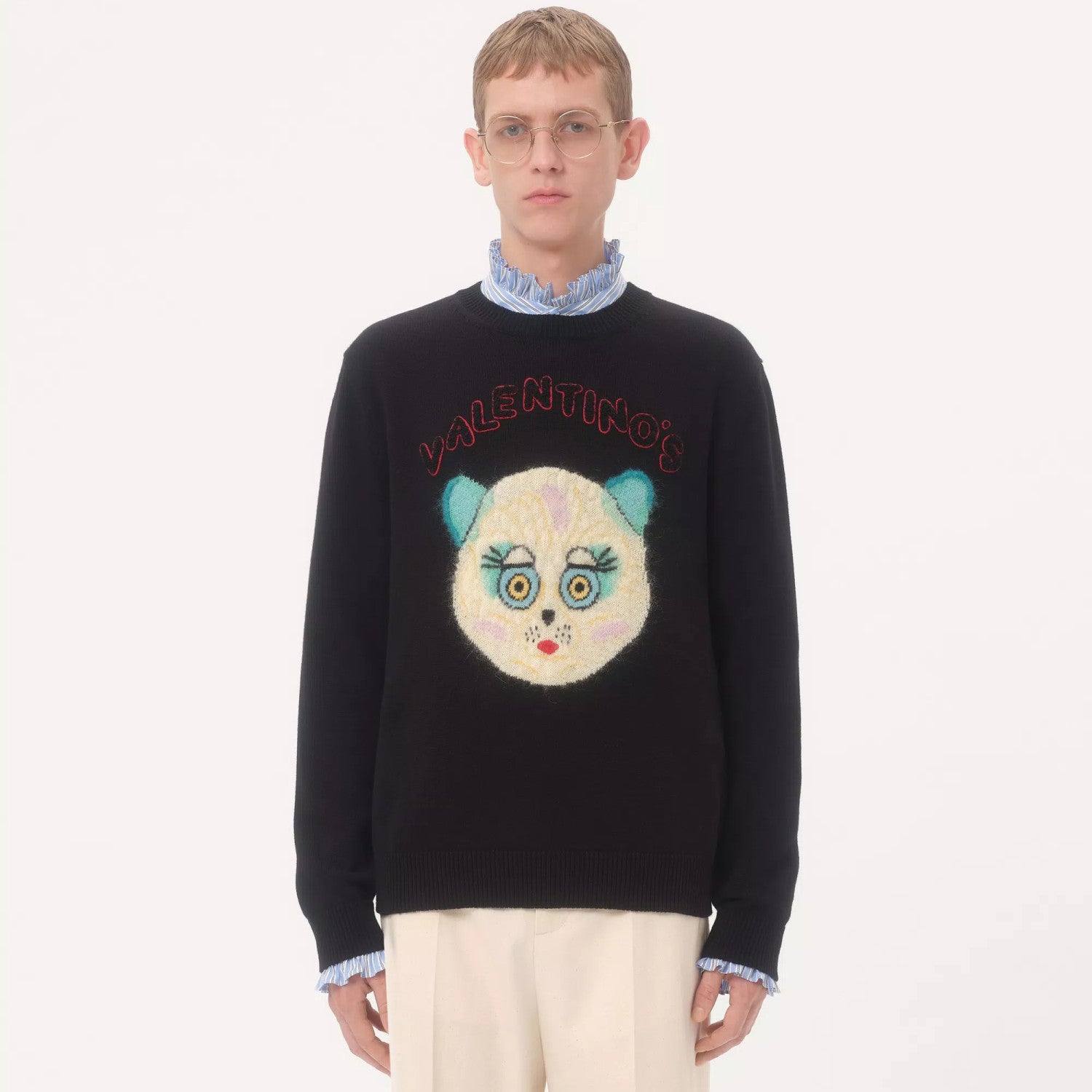 Valentino Men's Le Chat De La Maison Wool Logo Cat Embroidered Solid Color Crew Neck Long Sleeve Knit Sweater #81754