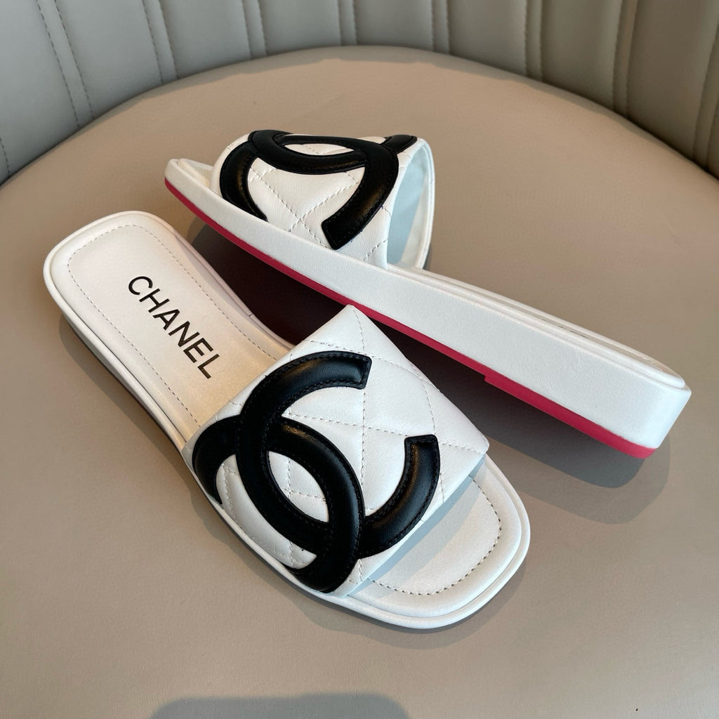 Chanel Women's Summer Double C Print Solid Color Leather Sandals Slippers Shoes #77691
