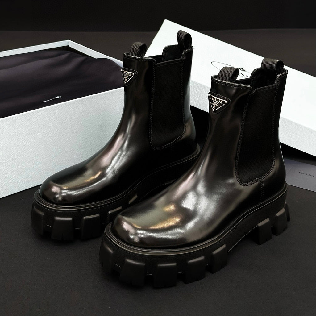 Prada Women's Fall/Winter Fashion Classic Solid Color Round Toe Slip On Leather Ankle Boots Chester Boots with Thick Soles Shoes #78532