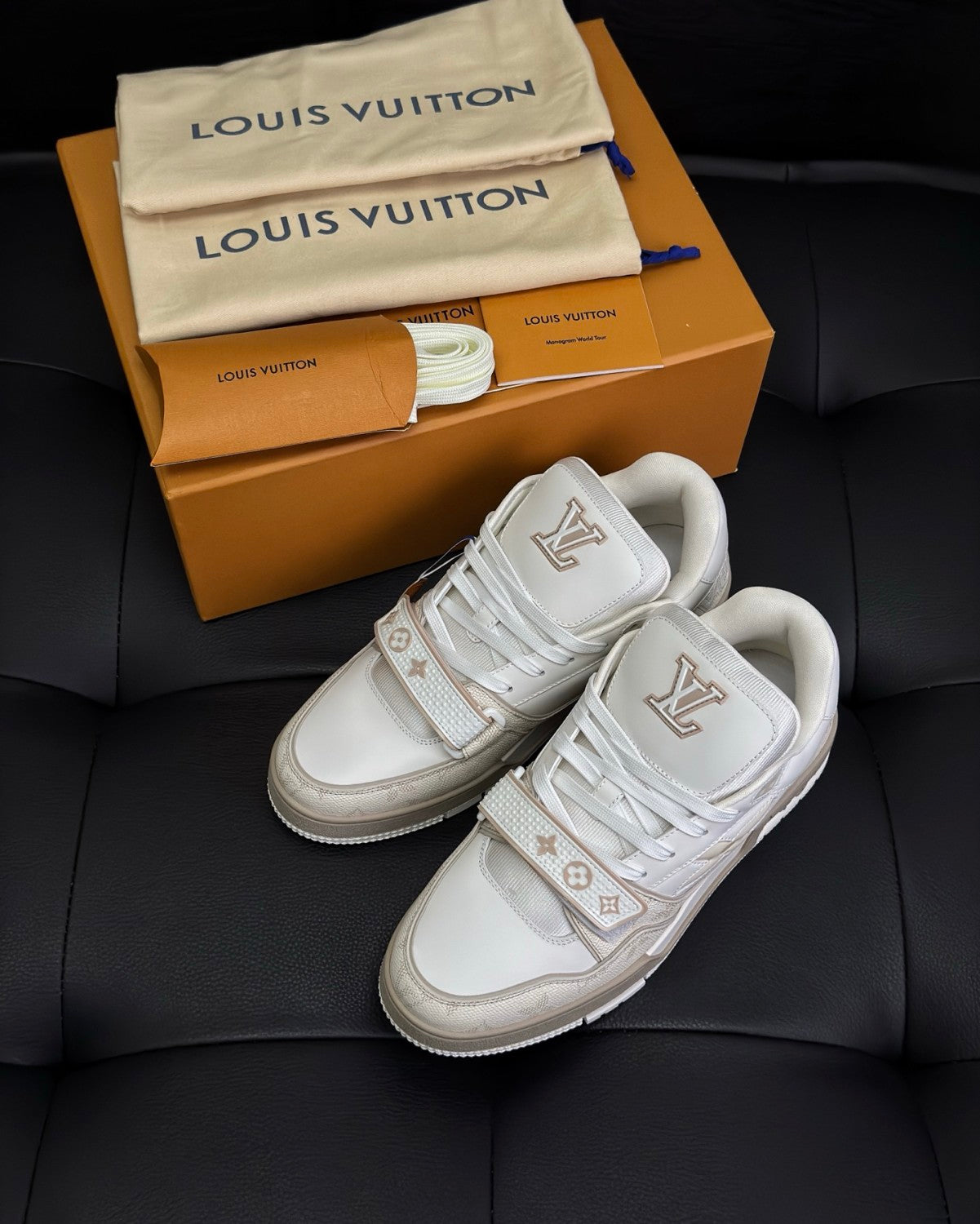 Louis Vuitton LV Trainer Men's Solid Color Plain Grained Leather and Monogram Low-Top Lace-Up Sneakers Shoes #77521