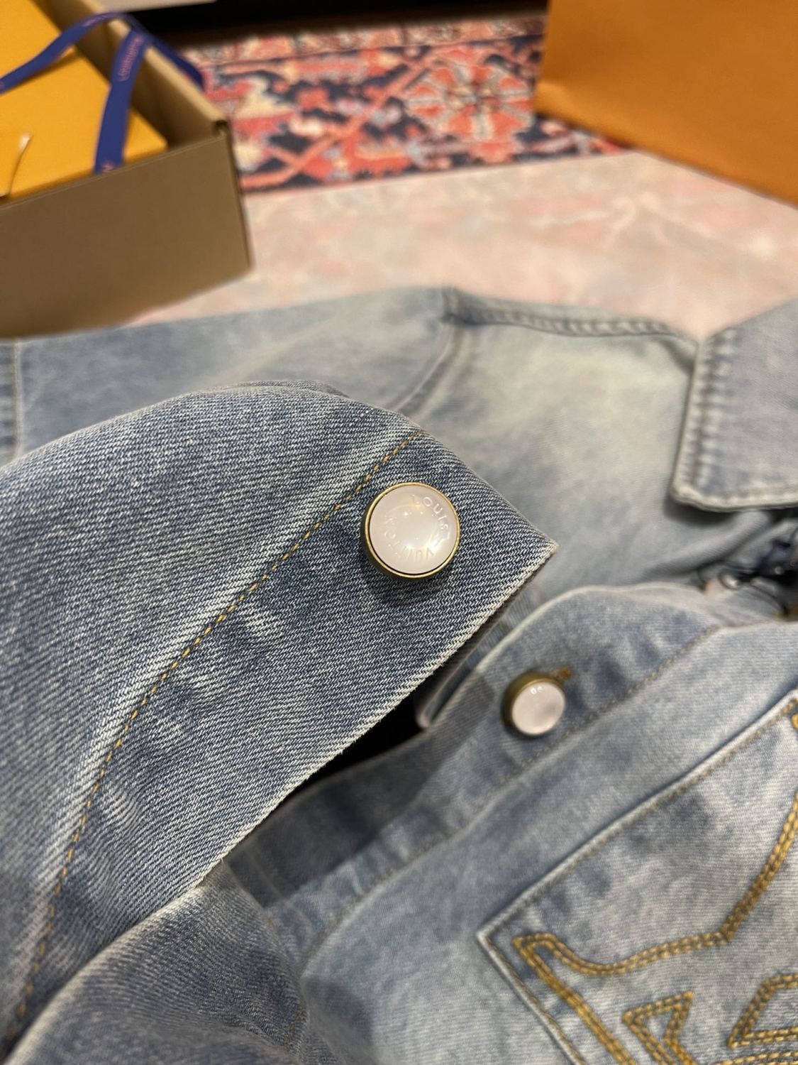 Louis Vuitton Men's Summer Blue Logo Letter Printed Pocket Single Breasted Short Sleeve Denim Shirt #74716