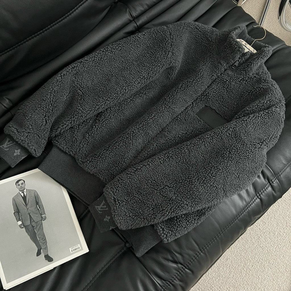 Louis Vuitton Men's Winter Logo Monogrammed Jacquard Pattern Fleece Casual Zipper Jacket #98497