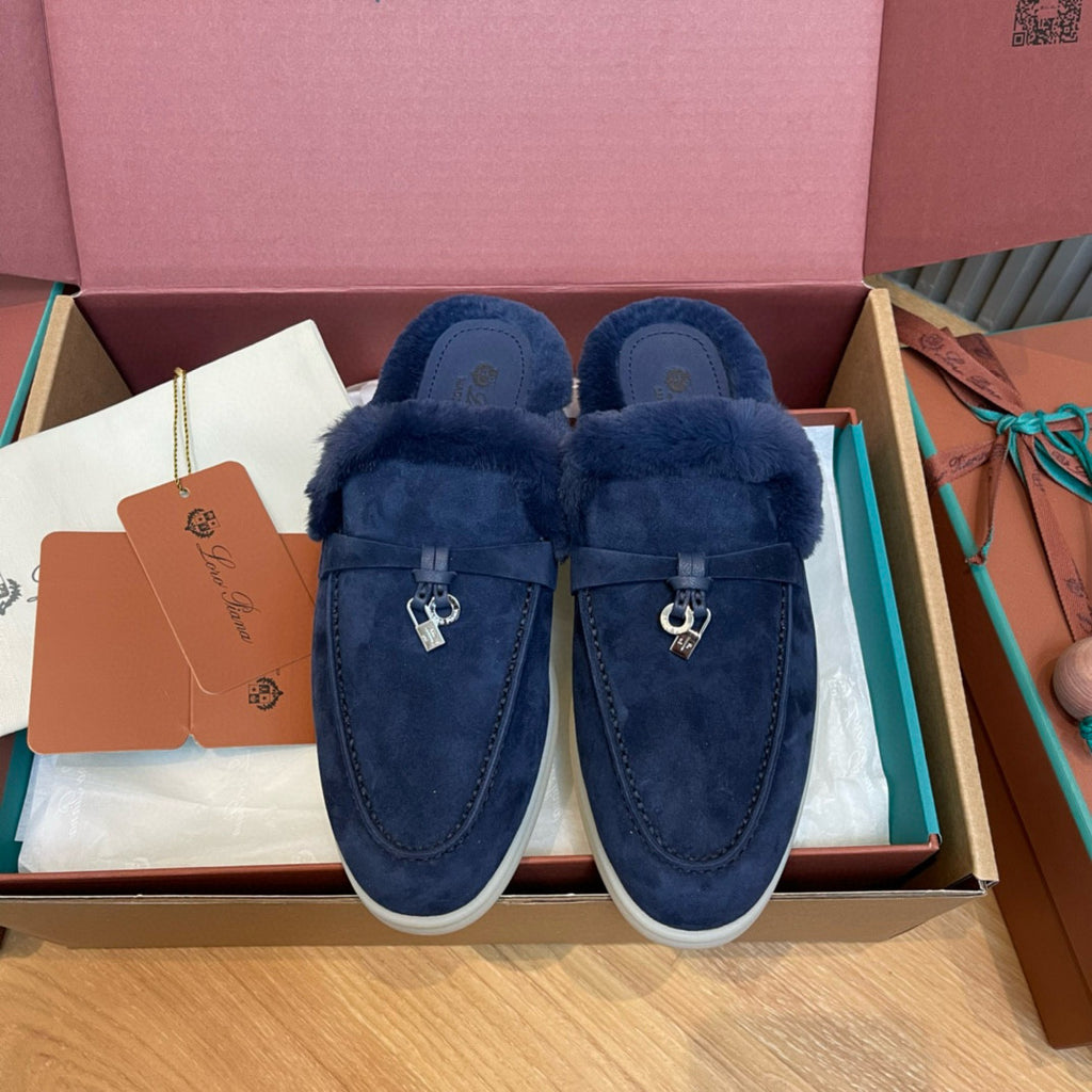 Loro Piana Women's Winter Fashion Casual Round Toe Slip On Beaver Fur Slippers Leather Rubber Sole Covered Toe Slippers  Shoes #78588
