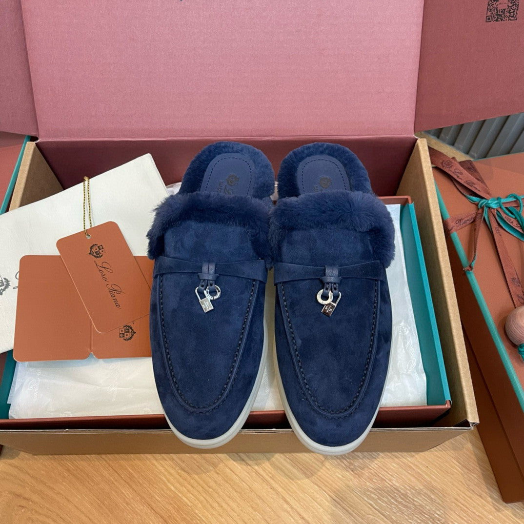 Loro Piana Women's Winter Fashion Casual Round Toe Slip On Beaver Fur Slippers Leather Rubber Sole Covered Toe Slippers  Shoes #78588