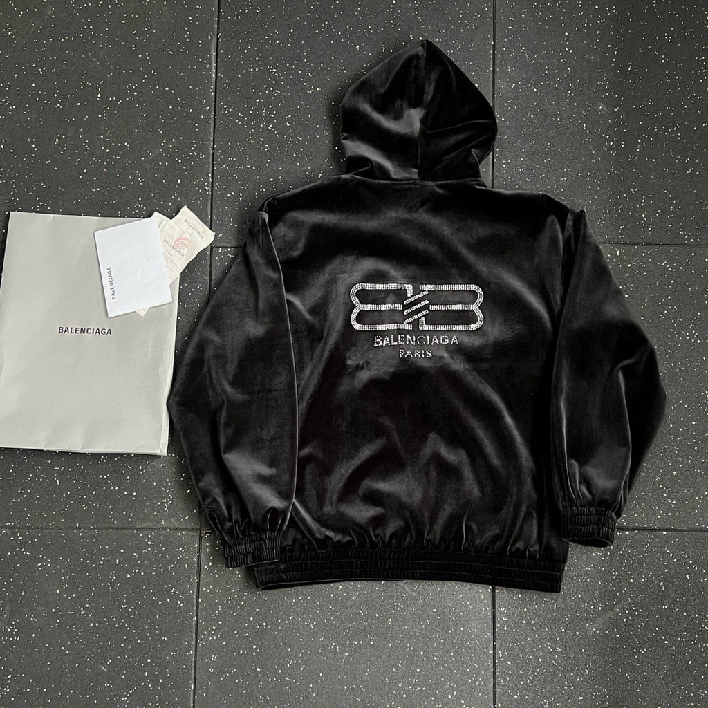 Balenciaga Men's And Women's Spring And Fall Solid Color Velvet Rhinestone Print Zipper Hooded Loose Long Sleeved Sweater Sweatshirt Jacket #75464