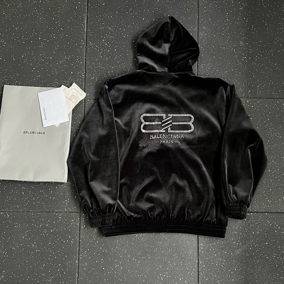 Balenciaga Men's And Women's Spring And Fall Solid Color Velvet Rhinestone Print Zipper Hooded Loose Long Sleeved Sweater Sweatshirt Jacket #75464