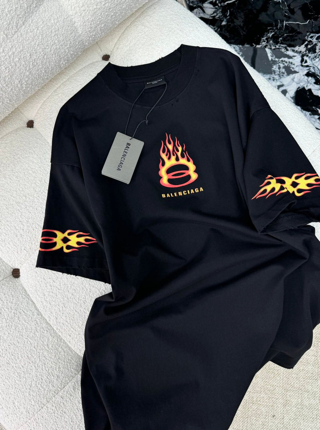 Balenciaga Men's Summer Burning Unity Light Black Vintage Plain Knit Large Silhouette Short Sleeve T-Shirt #99486