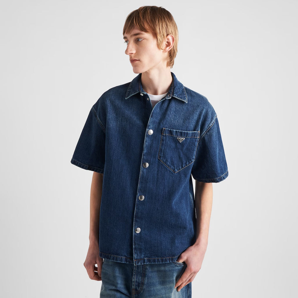 Prada Men's Spring Summer Solid Colour Metal Triangle Logo Single Breasted Short Sleeve Denim Shirt Jacket #76867