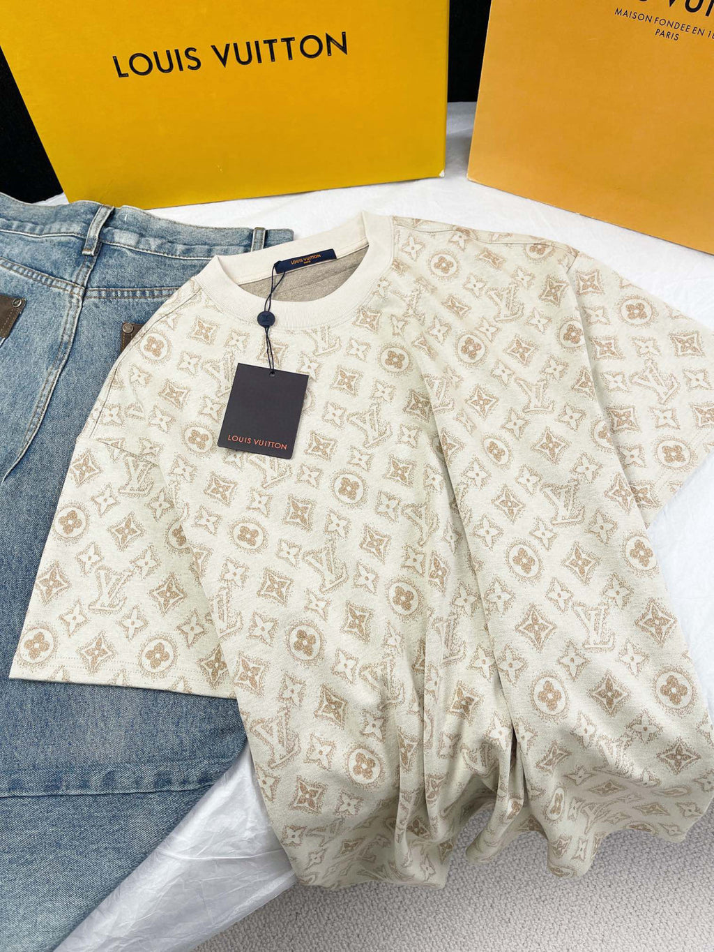Louis Vuitton Men's Summer Logo Full Print Casual Crew Neck Cotton Short Sleeve T-Shirt #99273