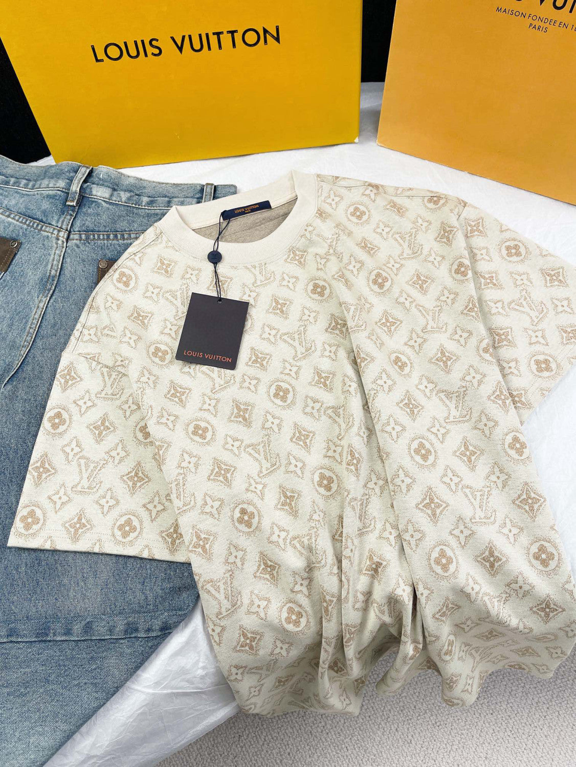 Louis Vuitton Men's Summer Logo Full Print Casual Crew Neck Cotton Short Sleeve T-Shirt #99273
