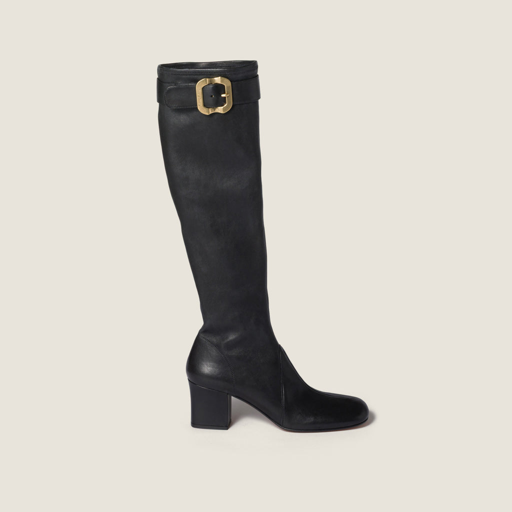 MiuMiu Women's Fall/Winter Fashion Classic Solid Color Leather Round Toe Sleeve Style Zipper Buckle Elastic Bare Leather Boots High Top Boots Shoes #79238