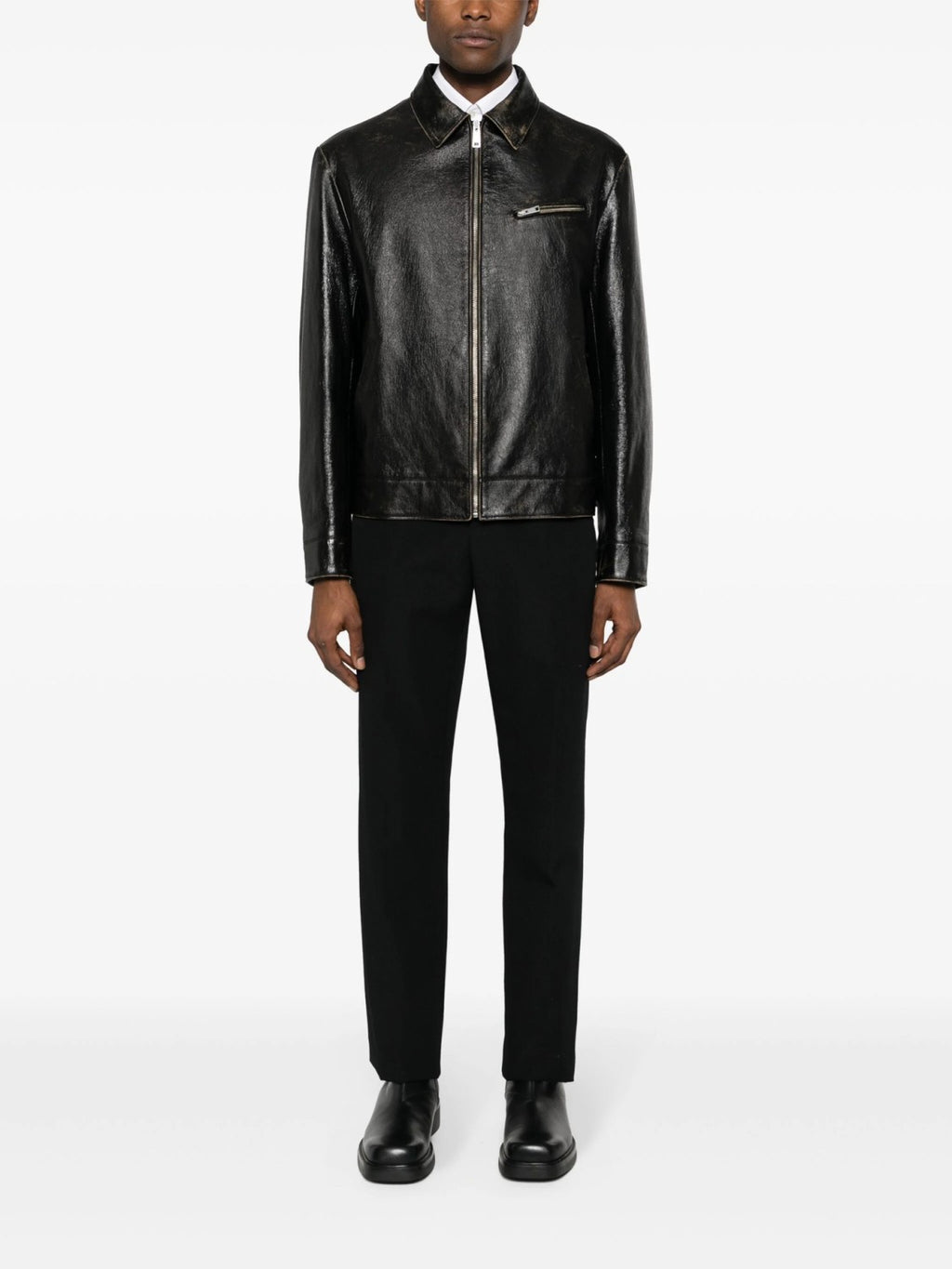 Prada Men's Autumn and Winter Solid Color Fit Lapel Zipper Long Sleeve Leather Jacket #73774
